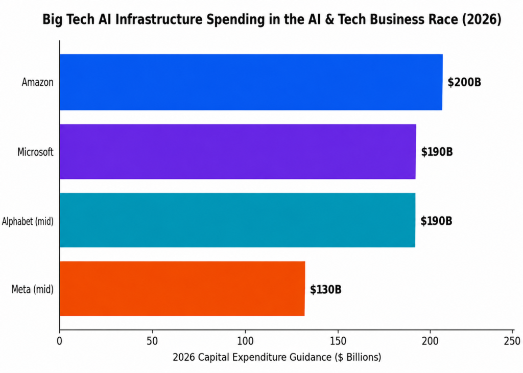 AI & Tech Business 2026 capital expenditure comparison chart for Amazon, Microsoft, Alphabet, and Meta